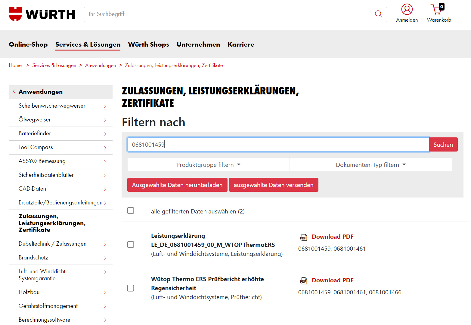 Auf der Würth Website sind Zulassungen, Zertifikate und Leistungserklärungen hinterlegt.