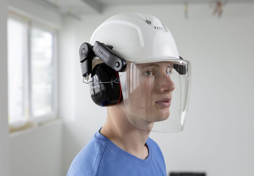 Arbeitsschutz, Arbeitssicherheit, Persönliche Schutzausrüstung, PSA, Kopfschutz, Schutzhelm, Schutzhelm SH 2000-S, Gehörschutzkapsel, Standardvisier, Helmadapter, Helm Arbeitsbekleidung