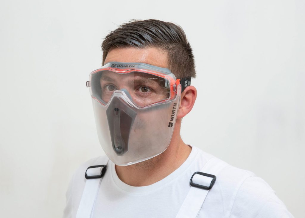 Arbeitsschutz, Arbeitssicherheit, Persönliche Schutzausrüstung, PSA, Schutzbrille, Vollsichtbrille, Vollsichtbrille FS 2020-01, Gesichtsschutzschirm 2020-01, Würth MODYF, Arbeitsbekleidung, Arbeitskleidung, Workwear, Cetus Linie, Cetus Arbeitslatzhose, T-Shirt weiß
